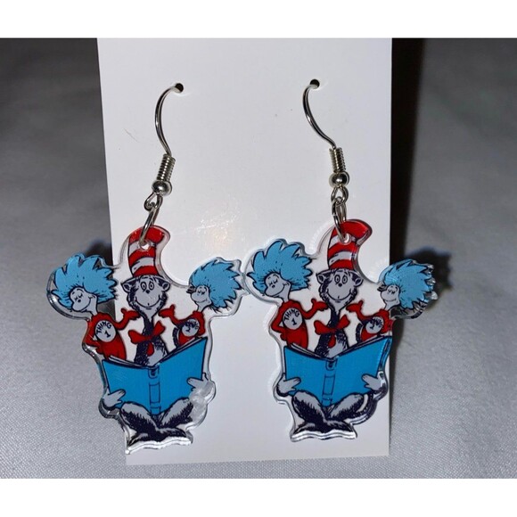 Earrings Dr. Seuss Cat in the Hat & Thing 1 & 2 Acrylic Dangle Whimsical Teacher - Picture 1 of 6